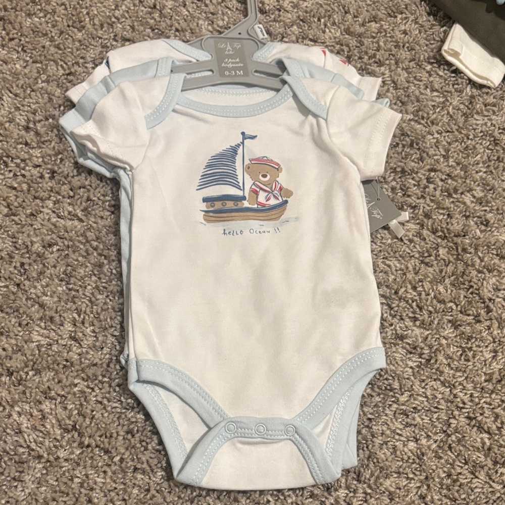 Le Top Nautical Bear Bodysuit - Light Blue and White